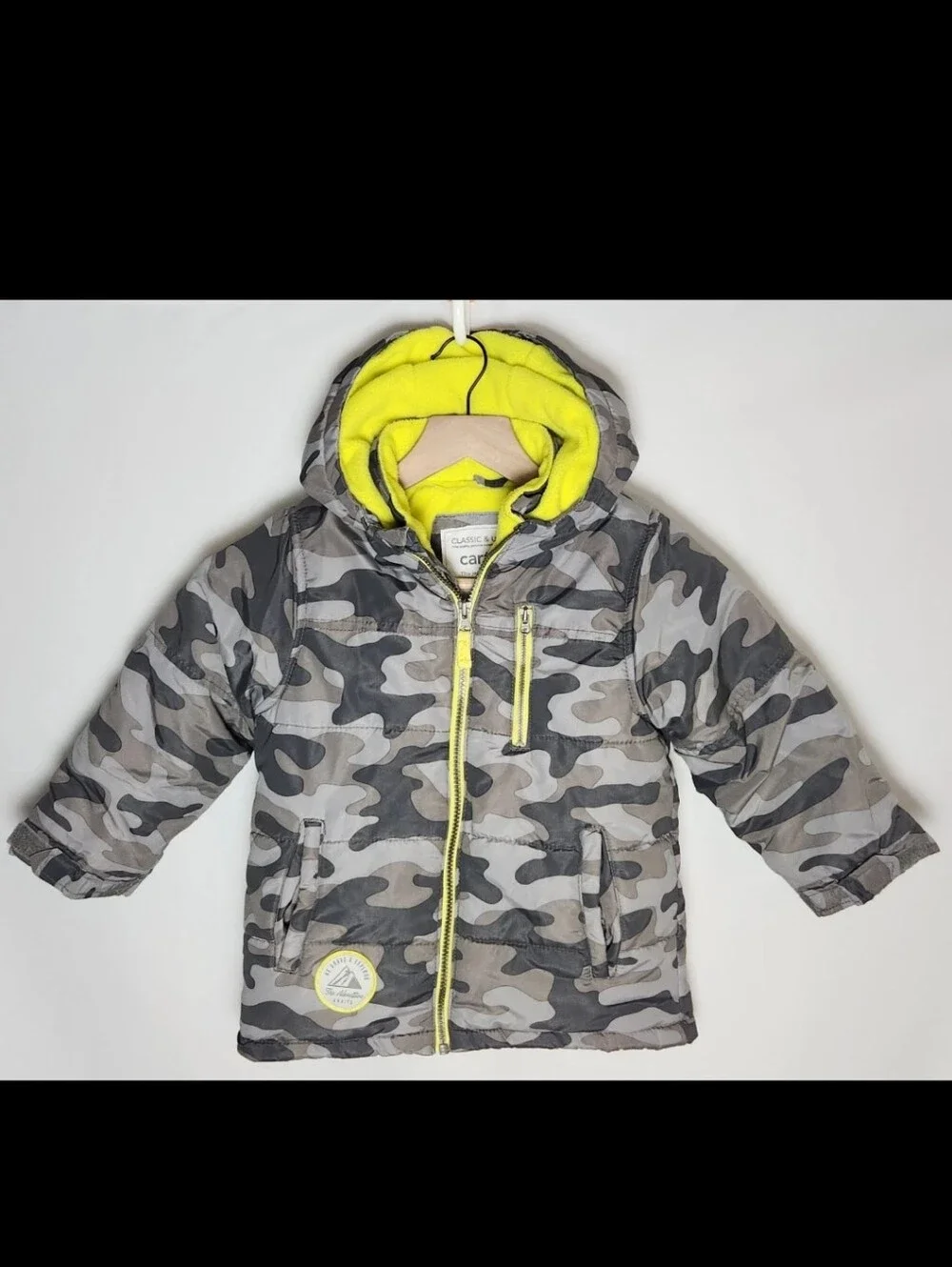 Carter's Gray Camo Hoodie Puffer Jacket with Yellow Trim 4t